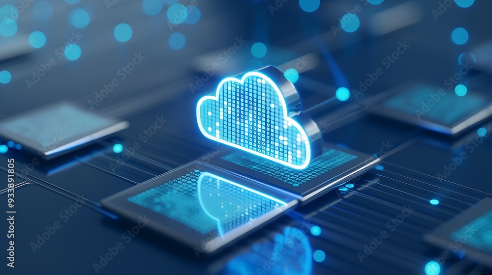 Poster futuristic cloud computing concept with interconnected digital devices and data networks, symbolizin
