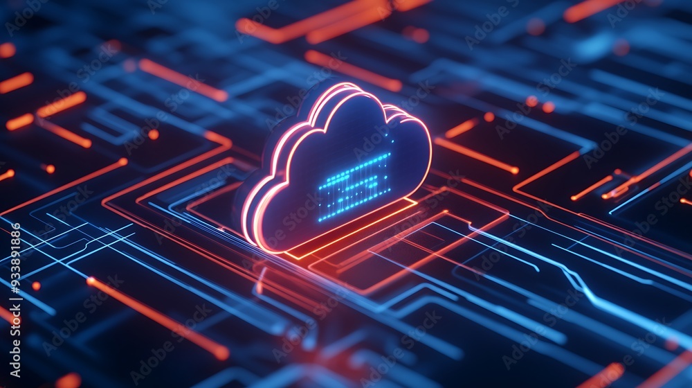 Poster futuristic cloud computing concept with neon glowing circuit board, representing digital data storag