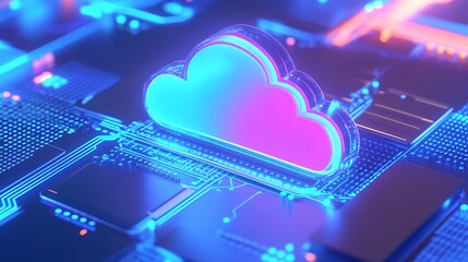 Futuristic cloud computing concept with LED-lit cloud icon on a motherboard, representing advanced technology and data storage solutions.