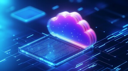 Futuristic cloud computing concept with neon lights, representing digital technology, data storage, and network connection. 3D illustration.