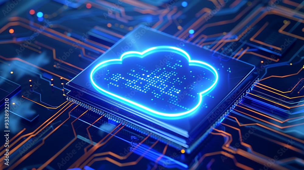 Aufkleber futuristic cloud computing graphic, neon circuit board with glowing cloud symbolizing advanced digit