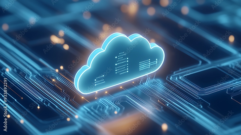 Poster futuristic cloud computing illustration with glowing technology circuits and digital data connection
