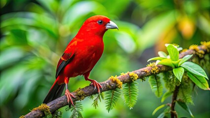 Vibrant iiwi bird perches on a branch, its bright scarlet plumage and curved beak standing out against a lush green Hawaiian rainforest backdrop.