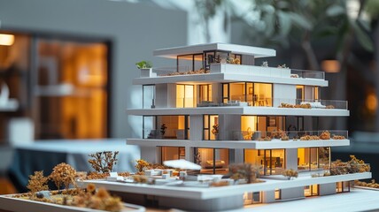 Modern architectural model with detailed design and lighting