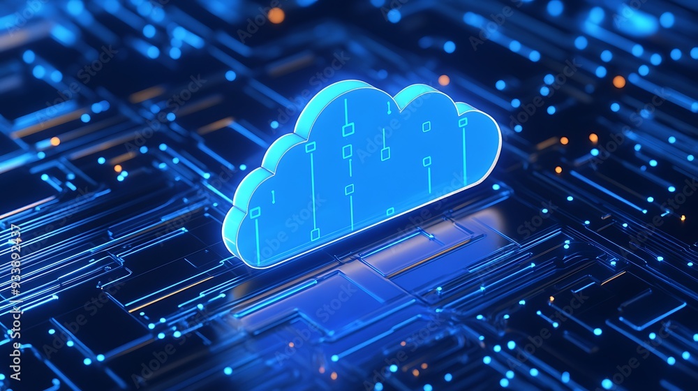Poster futuristic cloud computing symbol on a digital circuit board, representing data storage, technology,