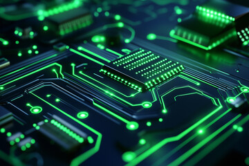 Obraz premium digital circuit creating a futuristic scene. showcasing intricate details of electronic circuits. This design symbolizes advanced technology in software development or data processing, 