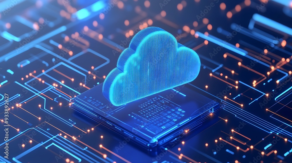 Poster futuristic cloud computing technology concept, blue cloud icon on digital circuit board background, 