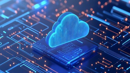 Futuristic cloud computing technology concept, blue cloud icon on digital circuit board background, representing data storage and network connections.