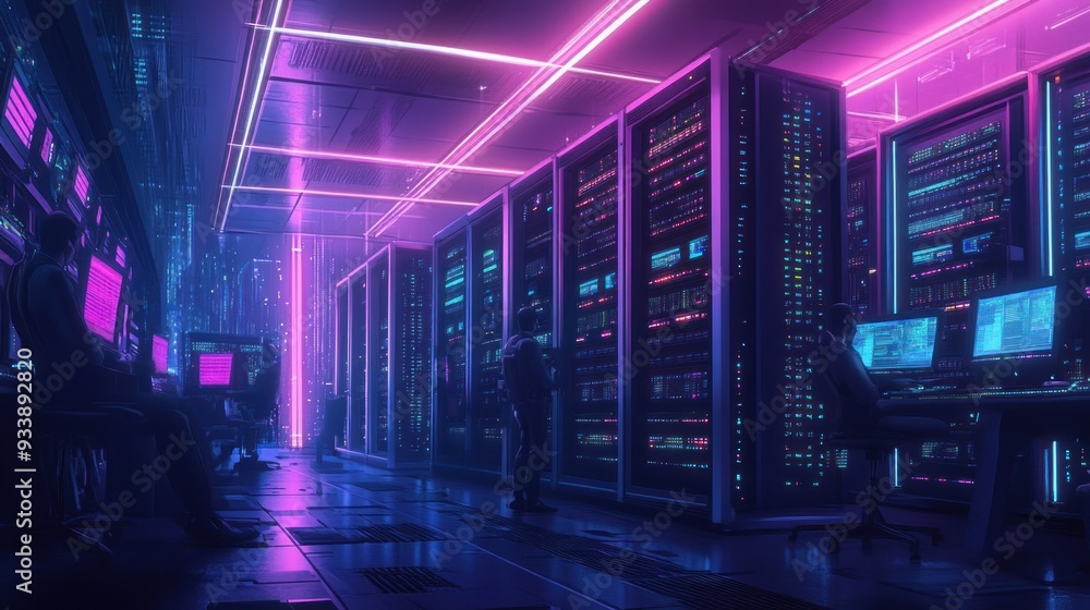 Poster futuristic server room with neon lights and data engineers