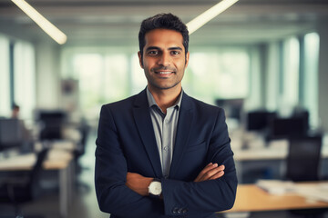 Portrait confident happy smiling Hispanic businessman standing in the office and looking at camera