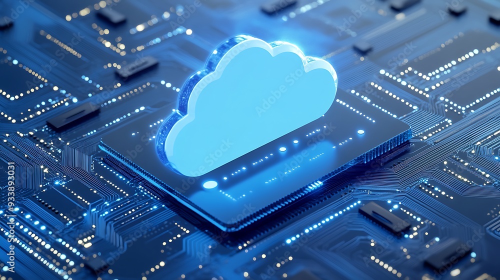 Poster futuristic cloud computing technology concept with a glowing cloud hologram above a circuit board, s