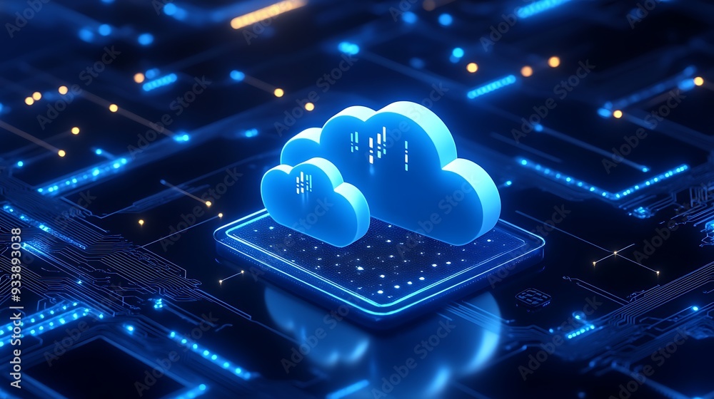 Poster futuristic cloud computing technology concept with blue neon lights and digital data flow on a circu
