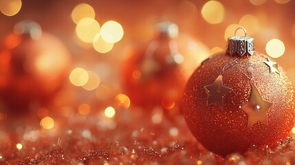 Sparkling orange ornaments with golden stars in a warm holiday vibe