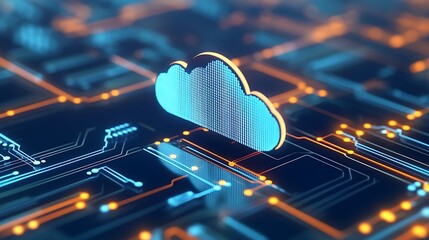 Futuristic cloud computing technology concept with digital infrastructure and circuits in a vibrant, high-tech environment.