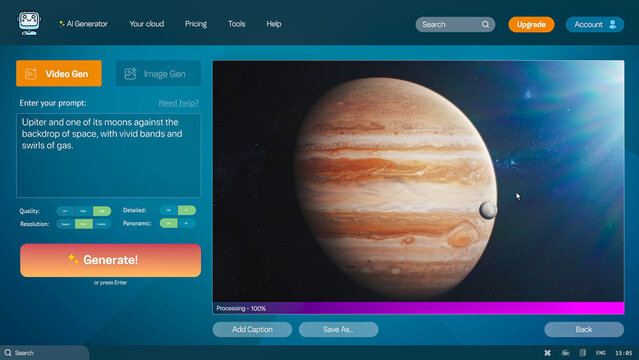User interface of AI video generator. Artificial intelligence chatbot generate detailed high-quality video of Jupiter and its moon in space. AI generated video. Template for computer or laptop screens