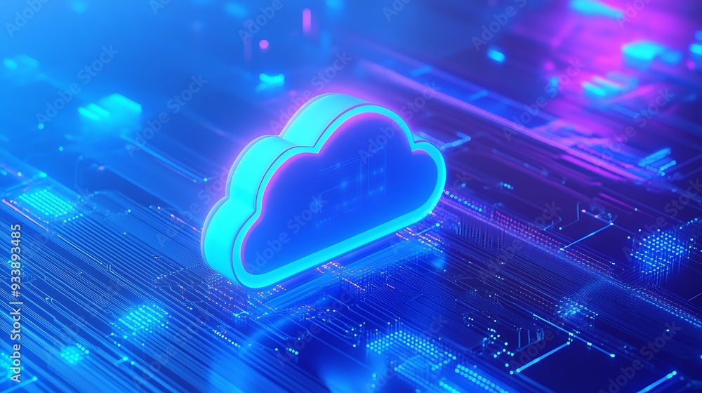 Poster futuristic cloud computing technology concept with glowing neon cloud icon on a digital circuit boar