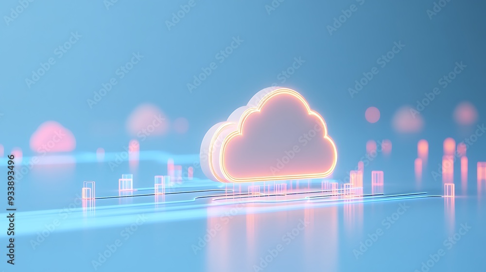 Poster futuristic cloud computing technology concept with glowing virtual cloud icon on blue background and