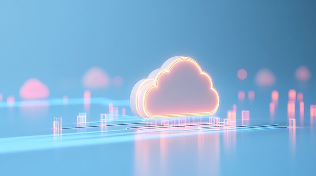 Futuristic cloud computing technology concept with glowing virtual cloud icon on blue background and digital connections.