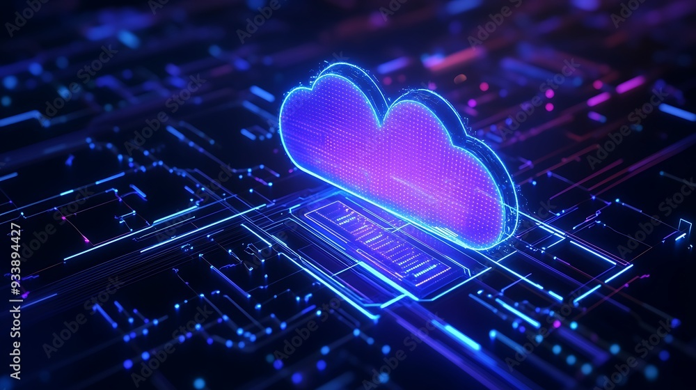 Poster futuristic digital cloud computing concept with glowing circuits, representing data storage and conn