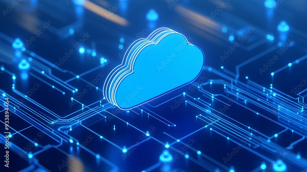 Poster futuristic digital cloud computing concept with glowing circuits and blue cloud icon, representing d