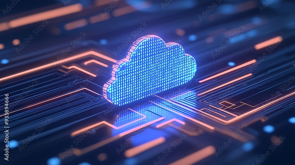 Poster futuristic digital cloud computing technology concept with a glowing cloud icon overlaid on a circui