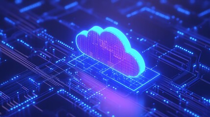 Fototapeta premium Futuristic digital cloud computing concept with neon lights and circuit patterns representing data storage and internet technology.