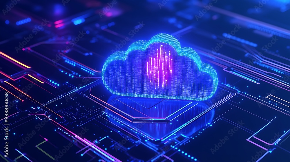 Poster futuristic digital cloud computing technology concept with glowing neon circuits, symbolizing data s