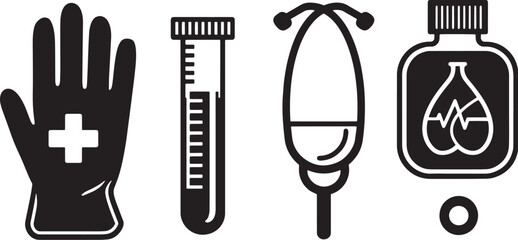 A simple vector icon set featuring a medical glove, test tube, heart rate, and thermometer