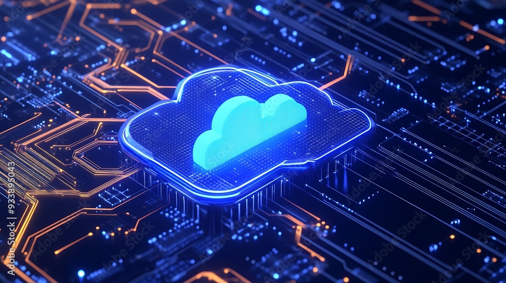 Poster futuristic digital cloud icon embedded in a circuit board, representing cloud computing and modern t