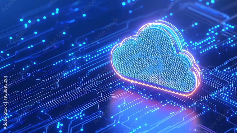 Poster futuristic digital cloud representation, showcasing neon lights and intricate circuit board design, 
