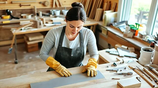 Top-down shot of a woman in gloves meticulously sanding wood in a bright workshop.
