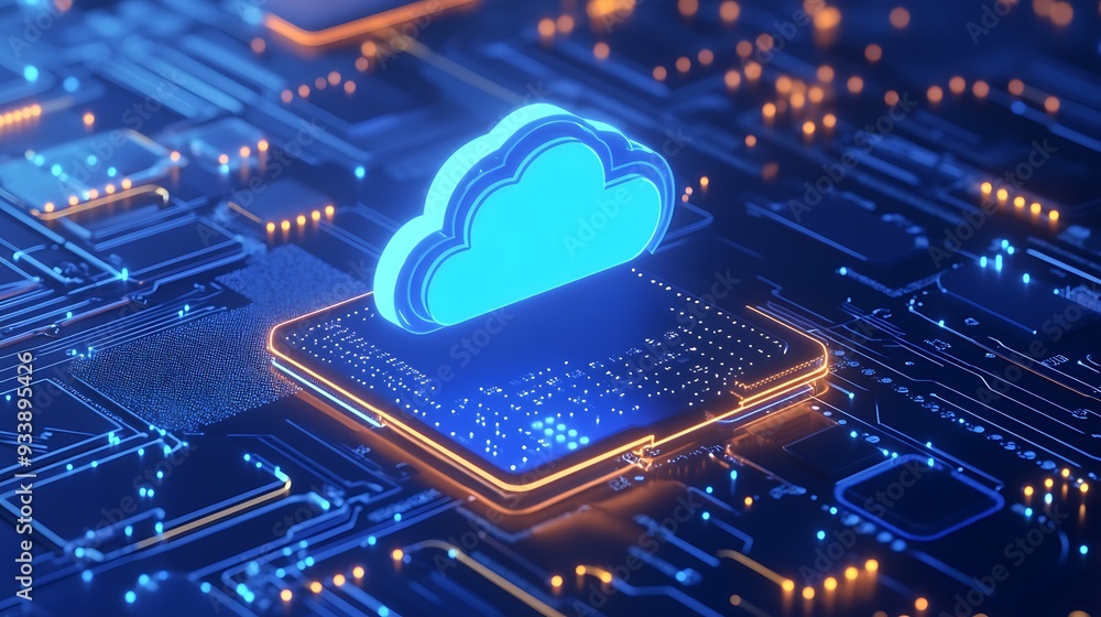 Poster futuristic digital cloud symbol glowing on a circuit board, representing cloud computing, technology