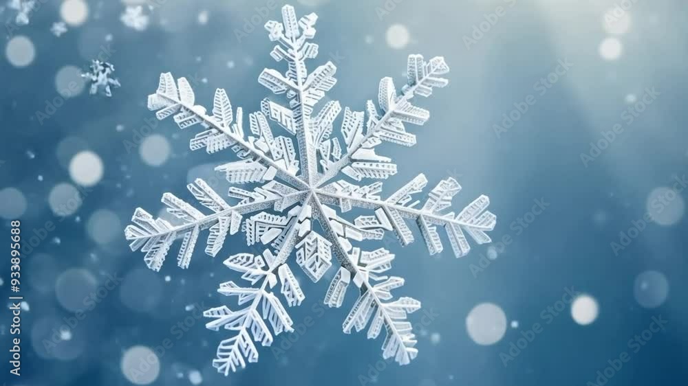 Poster snowflake gently falls against a blue background with bokeh lights, creating a serene winter scene. 