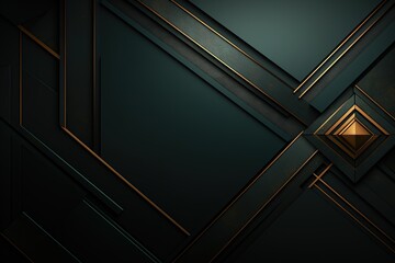 Abstract geometric background with gold accents and textured dark green panels.