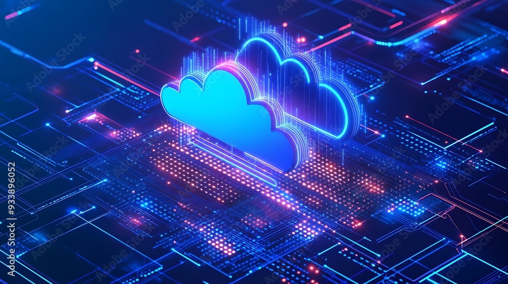Poster futuristic digital cloud technology concept with neon lights, symbolizing virtual storage, data sync
