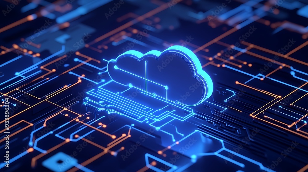 Poster futuristic digital illustration of cloud computing technology concept on a circuit board background 