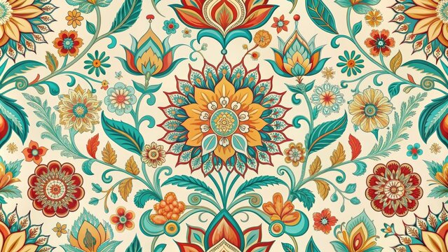 Vibrant Indian-inspired floral pattern featuring intricate motifs, delicate petals, and ornate filigree in shades of turquoise, coral, and golden yellow on a creamy background.