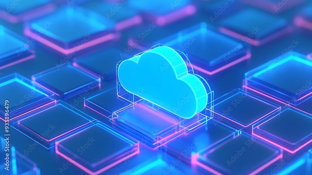 Poster futuristic glowing blue cloud icon amidst neon digital blocks representing cloud computing and techn