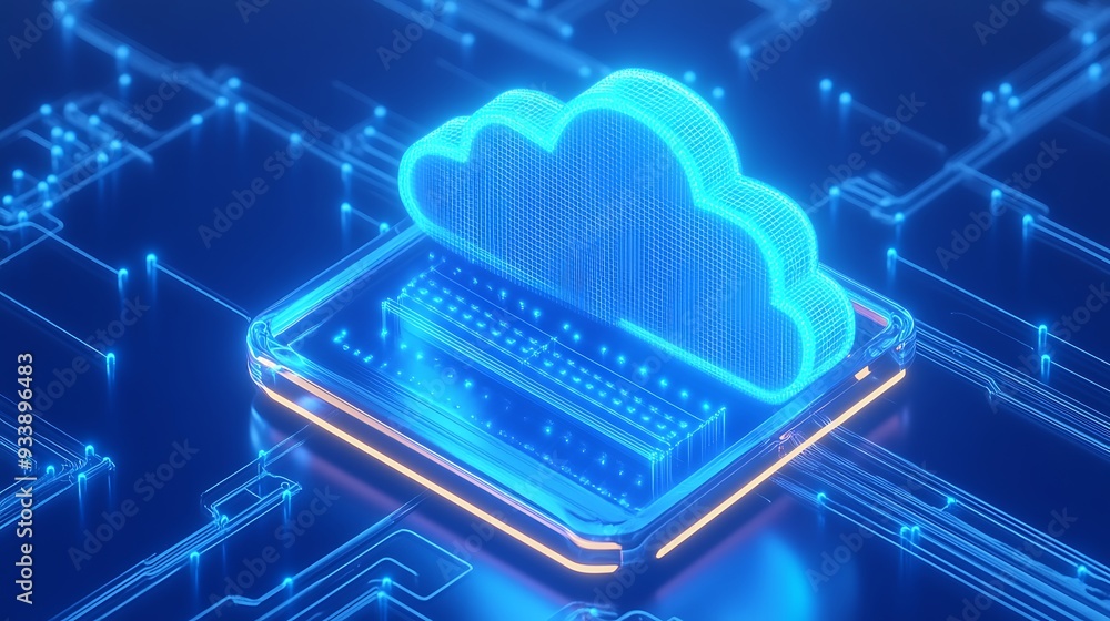 Poster futuristic glowing cloud computing concept. digital technology and data storage symbol with neon lig