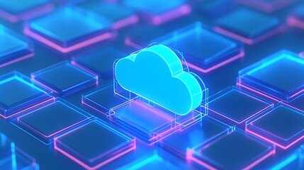Futuristic glowing blue cloud icon amidst neon digital blocks representing cloud computing and technology innovation.