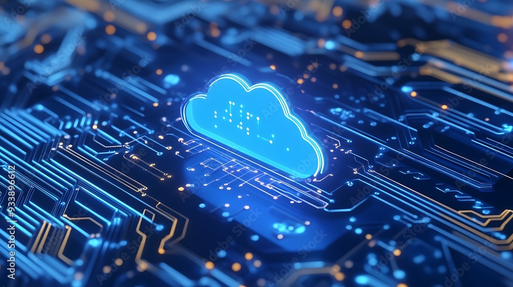 Poster futuristic glowing cloud computing icon on a blue circuit board, representing digital technology and