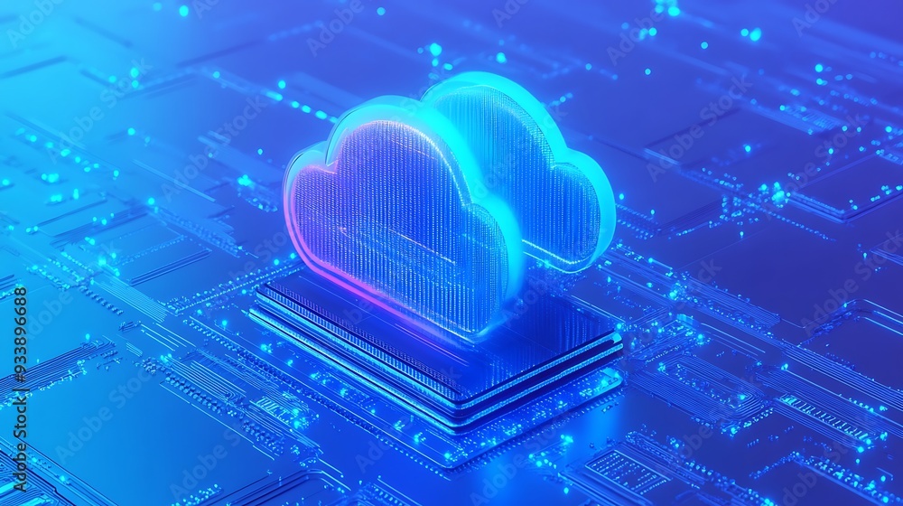 Poster futuristic glowing cloud icon on a digital circuit background representing cloud computing, technolo