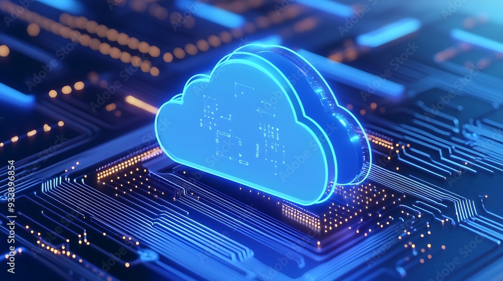 Poster futuristic glowing cloud icon on circuit board, representing cloud computing, data storage, and adva
