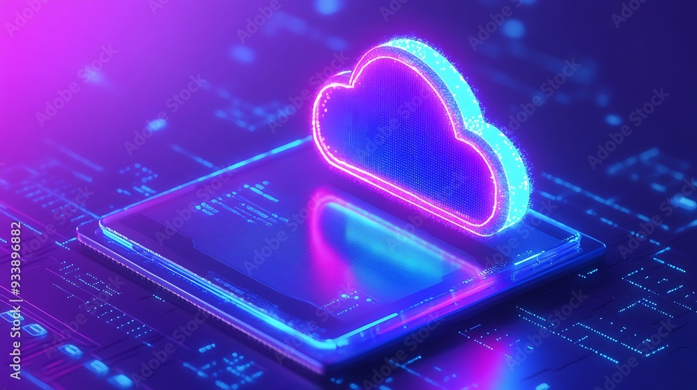 Poster futuristic glowing cloud icon on digital technology background, representing cloud computing and dat