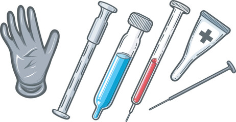 A simple vector icon set featuring a medical glove, test tube, heart rate, and thermometer