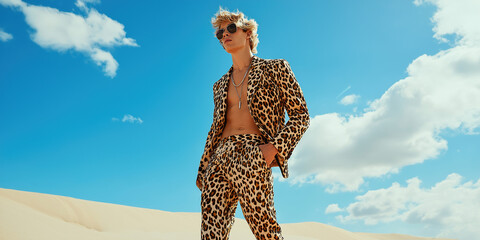 High fashion concept. Portrait of fashionable male model crossing old bridge in luxurious white clothing among sands under the blue sky. Luxury brands campaign style. Banner. Outdoor shot