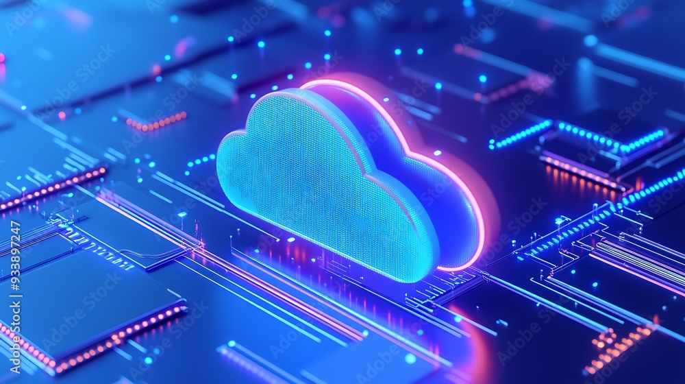 Poster futuristic glowing cloud symbol with circuit board background, representing modern cloud computing a