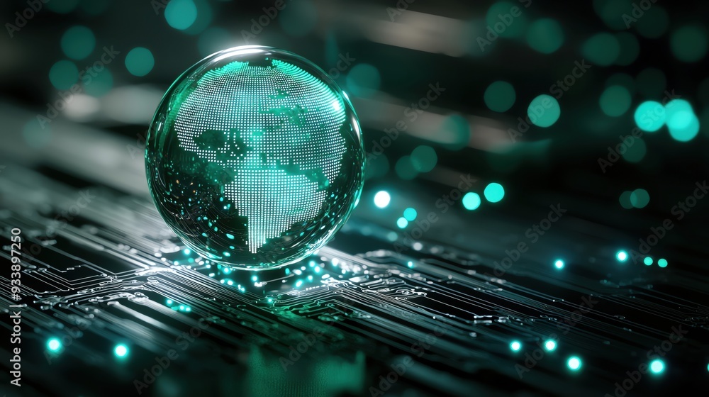 Poster A translucent globe with a world map, surrounded by glowing particles on a circuit board, symbolizing technology and connectivity.