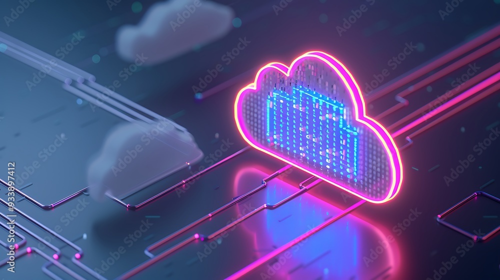 Aufkleber futuristic neon cloud computing concept with data storage and network server technology, highlightin
