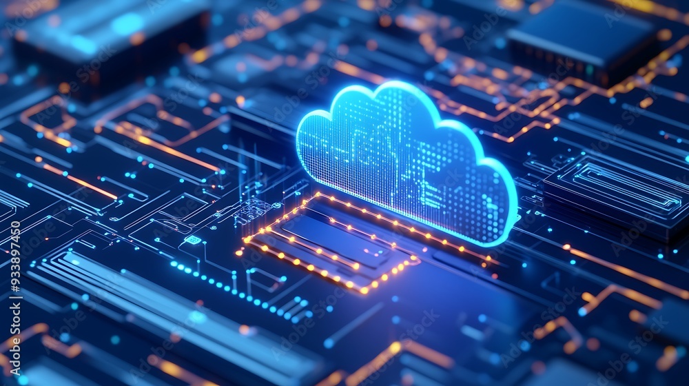 Poster futuristic neon cloud computing concept with digital circuits and glowing connections representing d